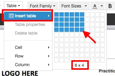selecting a 6 × 4 table